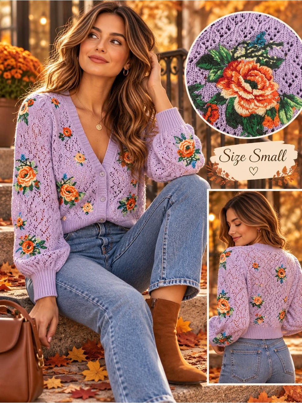 Alice + Olivia Lavender Floral Knit Button-Up Cardigan Sweater